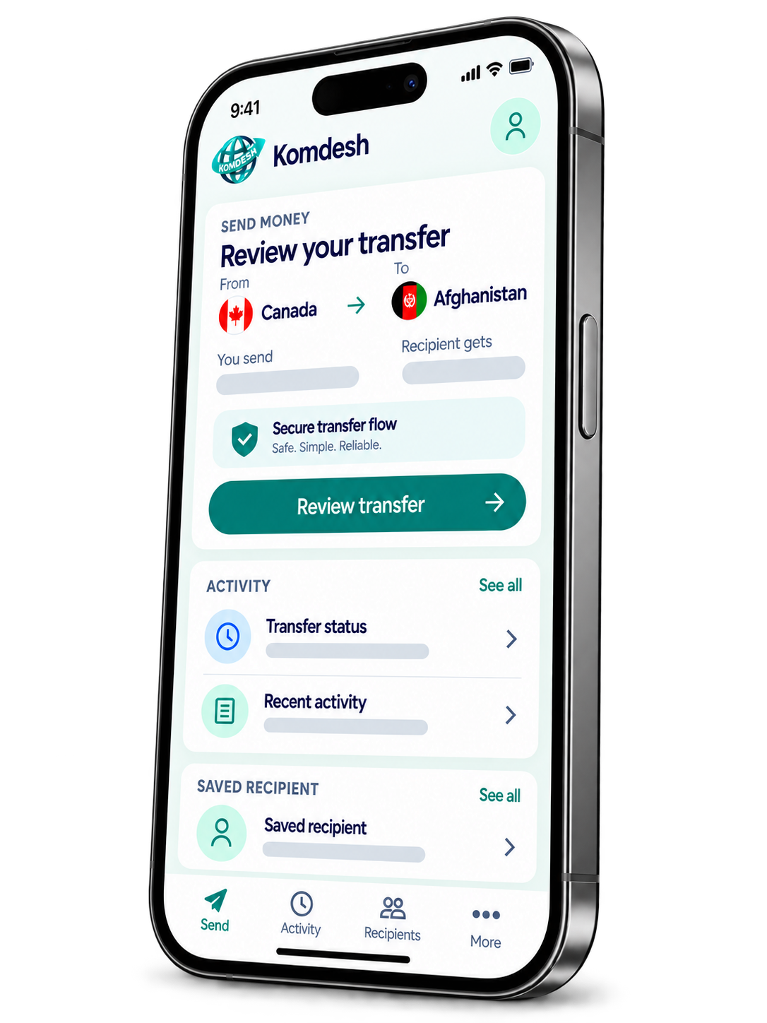 Illustrative preview of the upcoming Komdesh remittance mobile app on a smartphone